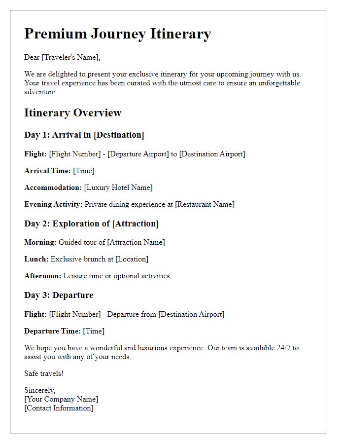 Letter template of premium journey itinerary for distinguished travelers