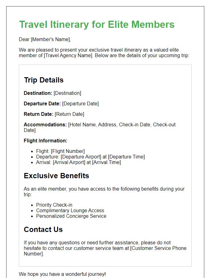 Letter template of select travel itinerary for elite members