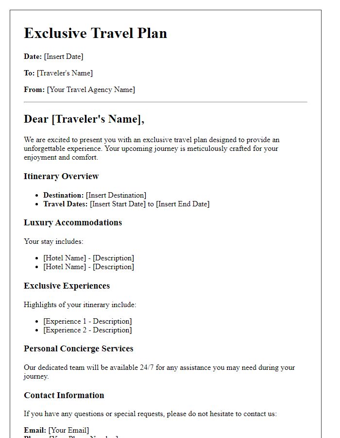 Letter template of top-tier travel plan for elite travelers