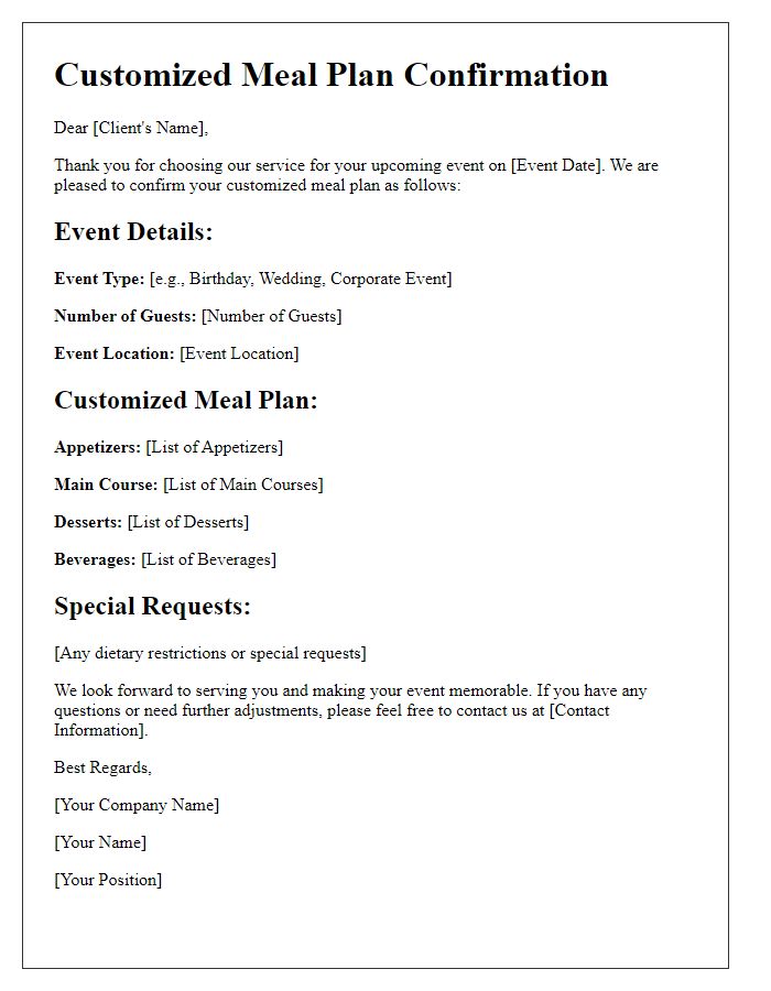 Letter template of customized meal plan confirmation for personal events