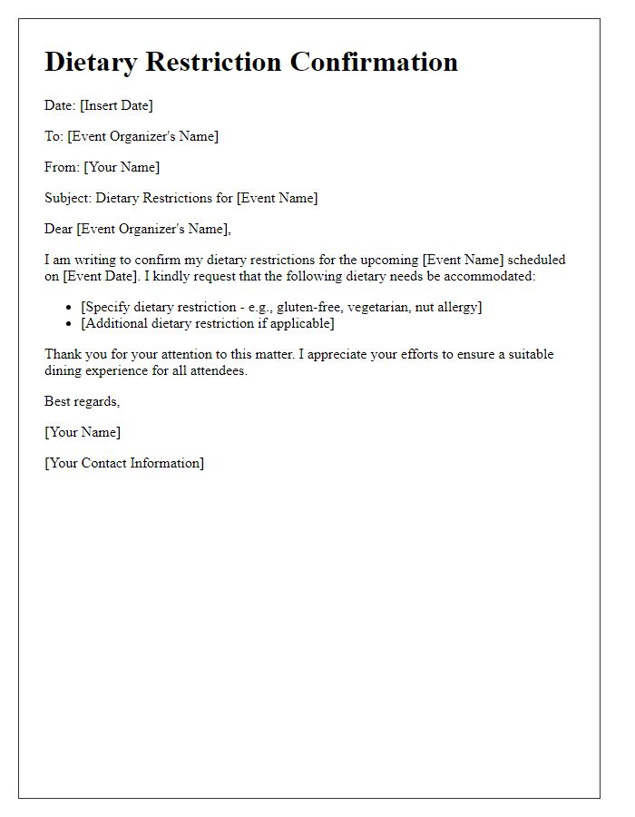 Letter template of dietary restriction confirmation for event organizers