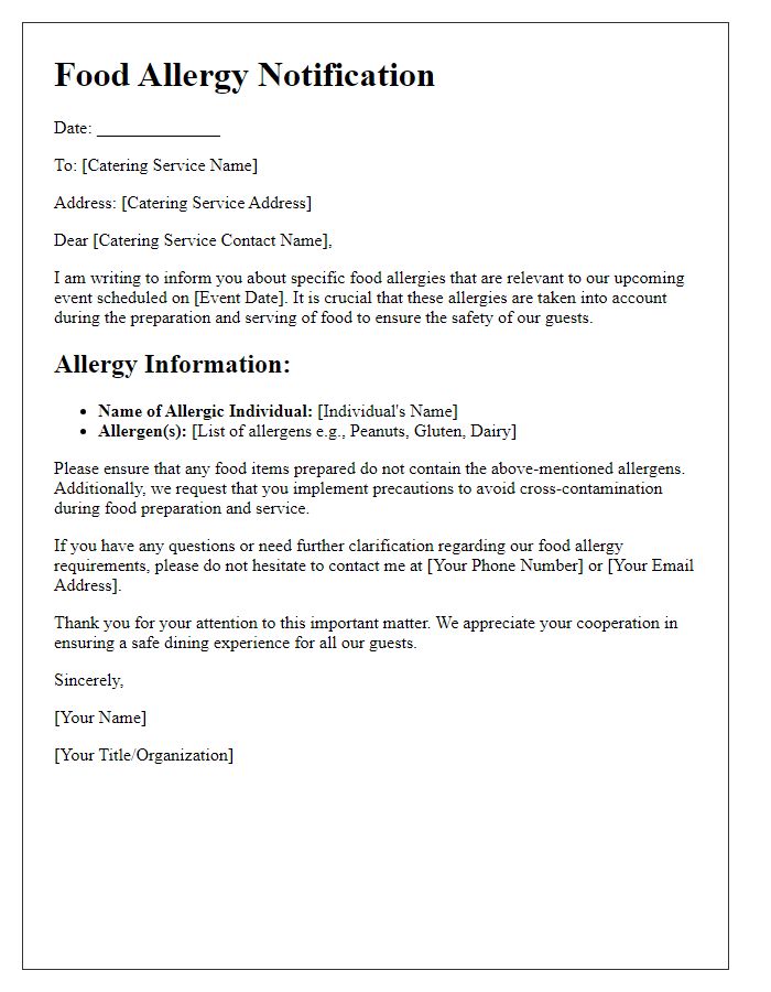 Letter template of food allergy notification for catering services