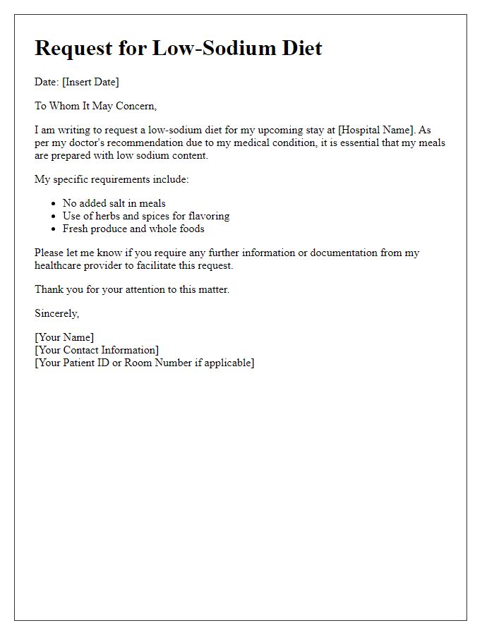 Letter template of low-sodium diet request for hospital meals