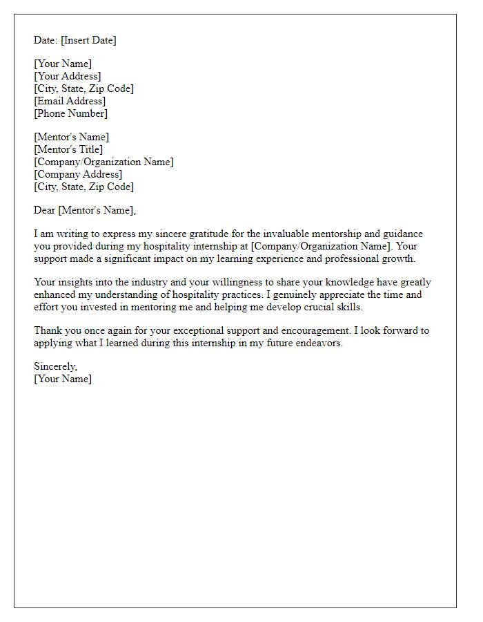 Letter template of acknowledgment for hospitality internship mentorship