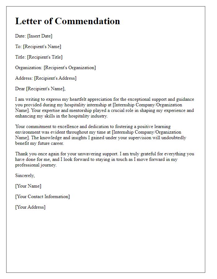 Letter template of commendation for hospitality internship support