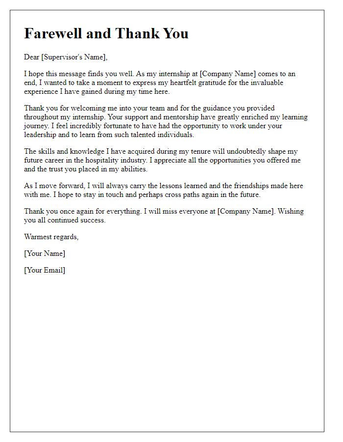 Letter template of farewell gratitude for hospitality internship