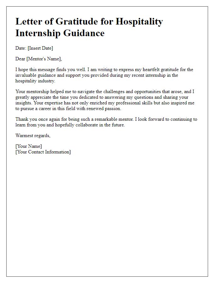 Letter template of gratitude for hospitality internship guidance