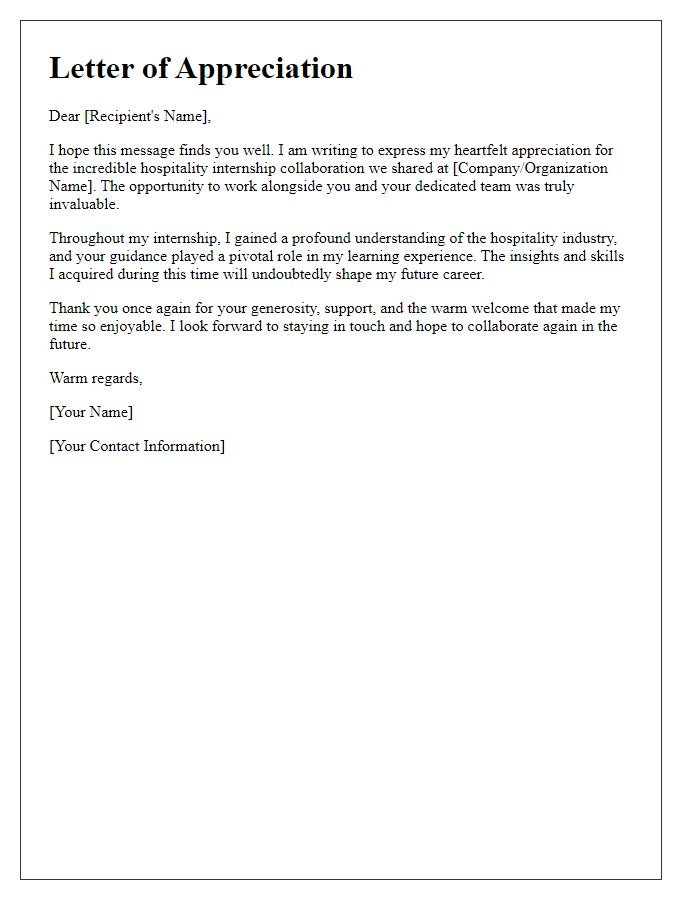 Letter template of heartfelt appreciation for hospitality internship collaboration