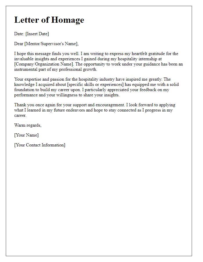 Letter template of homage for hospitality internship insights