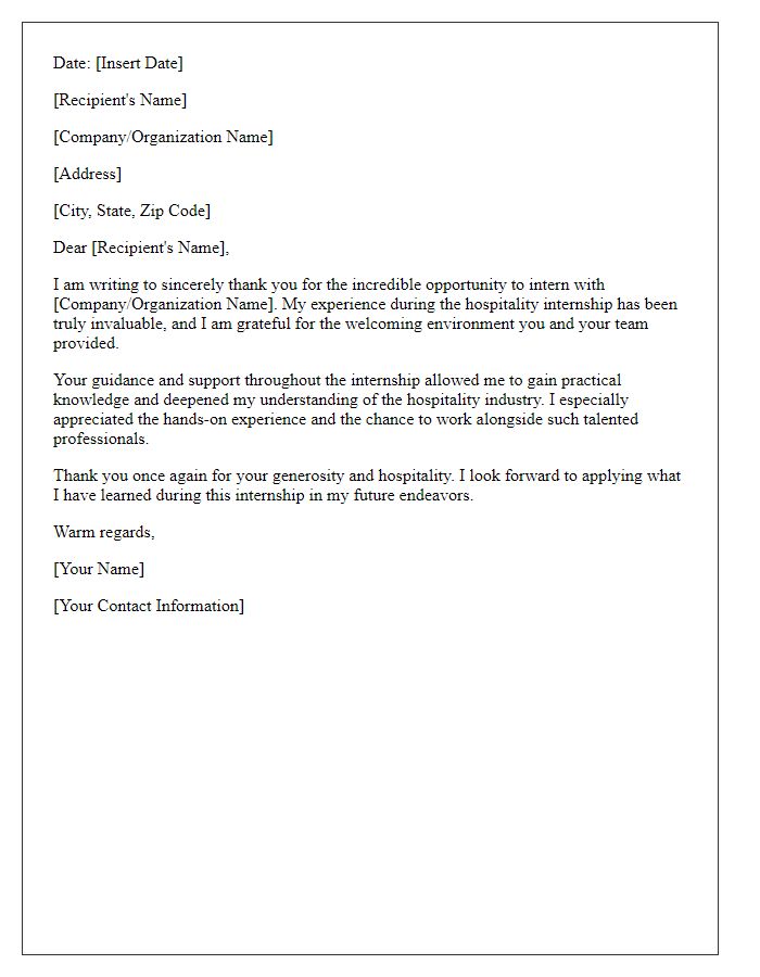 Letter template of sincere thanks for hospitality internship exposure