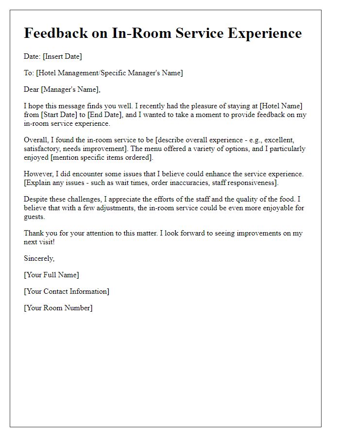 Letter template of feedback on in-room service experience