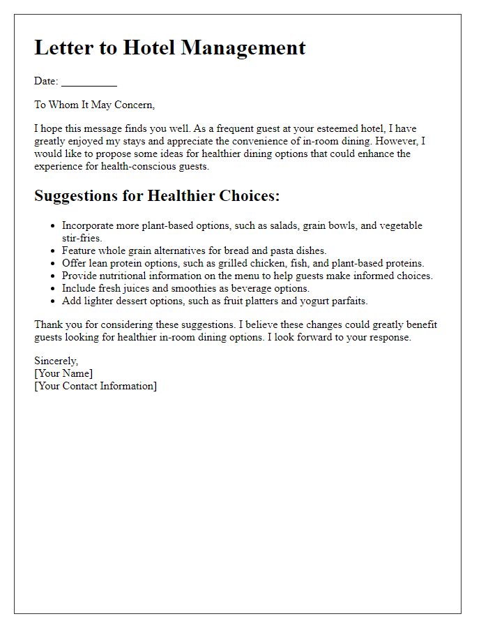 Letter template of ideas for healthier in-room dining choices