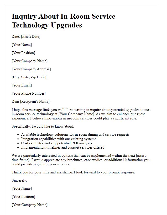 Letter template of inquiries about in-room service technology upgrades