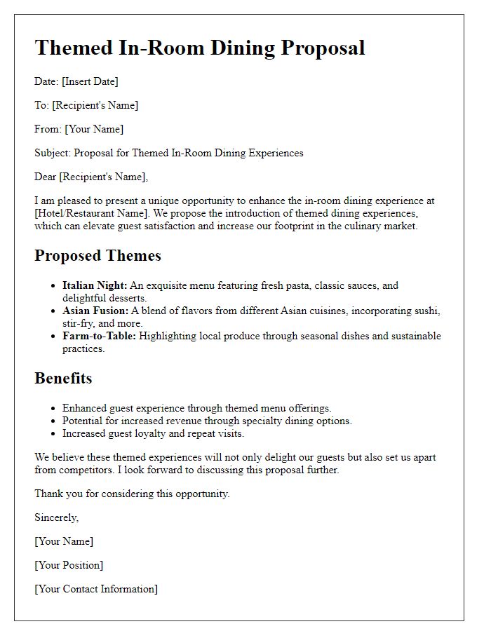 Letter template of proposals for themed in-room dining experiences