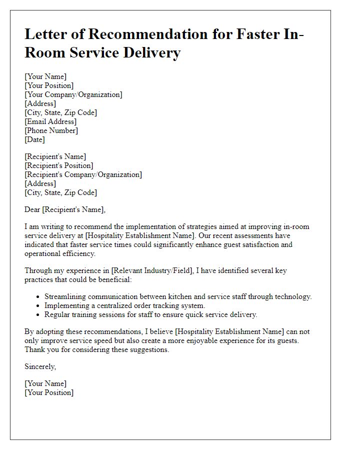 Letter template of recommendations for faster in-room service delivery