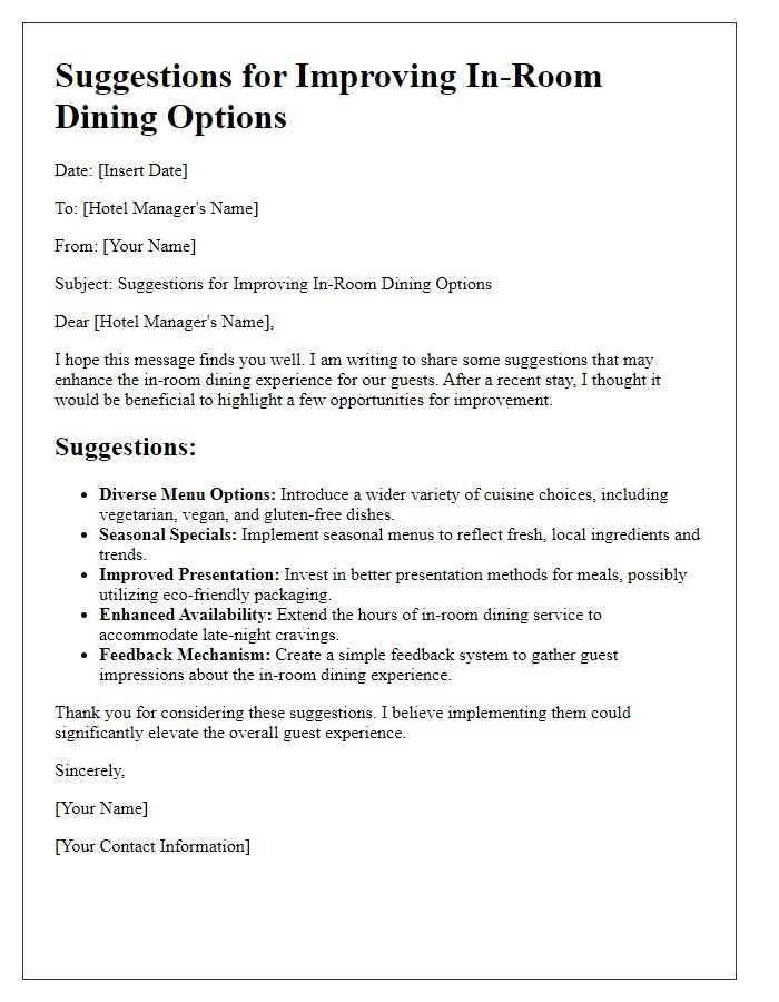 Letter template of suggestions for improving in-room dining options