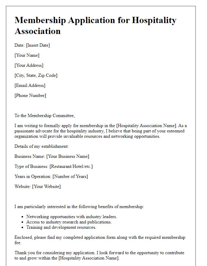 Letter template of hospitality association membership application