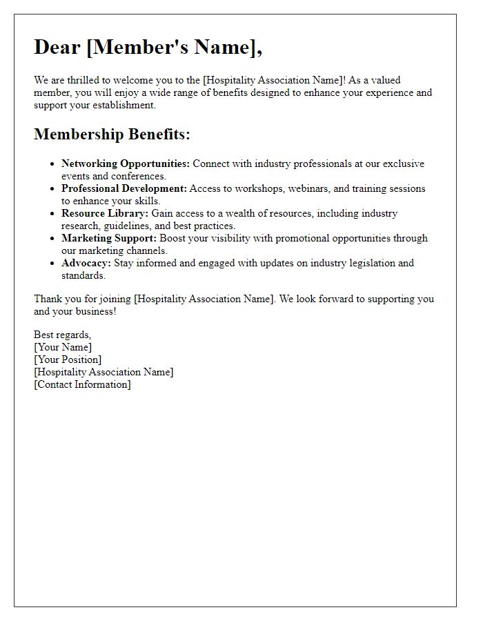 Letter template of hospitality association membership benefits overview