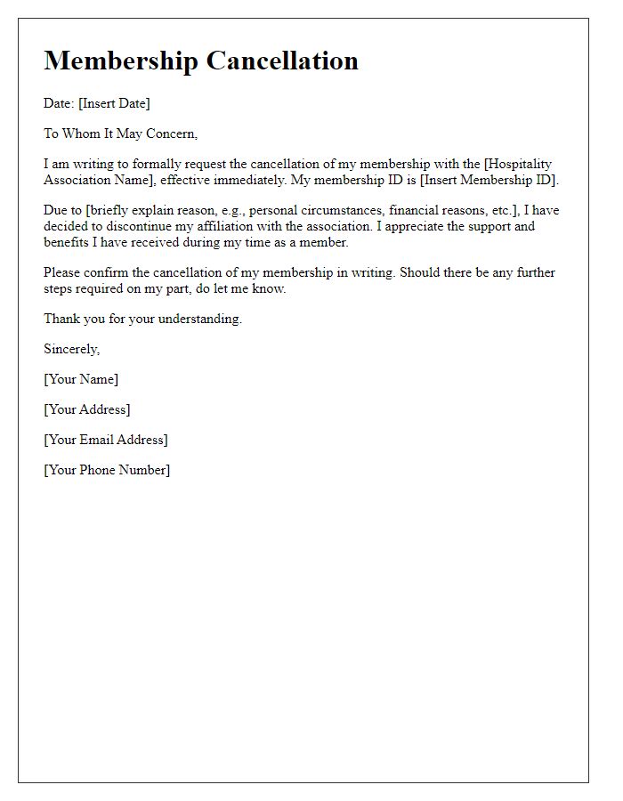 Letter template of hospitality association membership cancellation