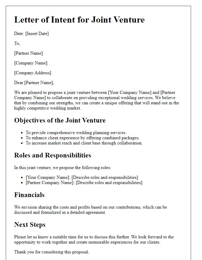 Letter template of joint venture for wedding service providers