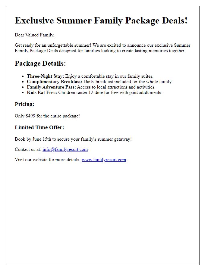 Letter template of summer family package deals