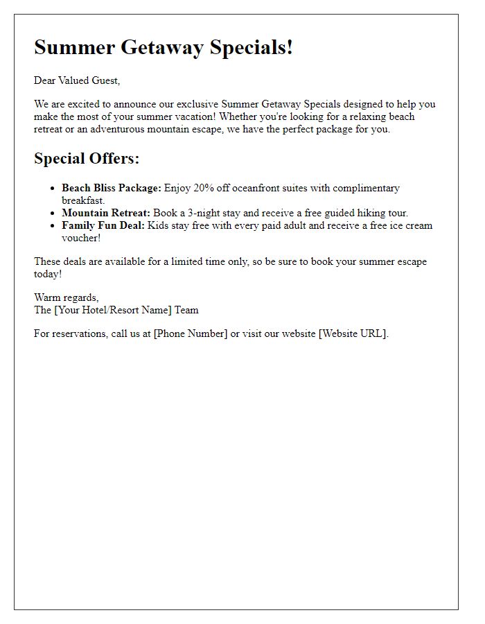 Letter template of summer getaway specials