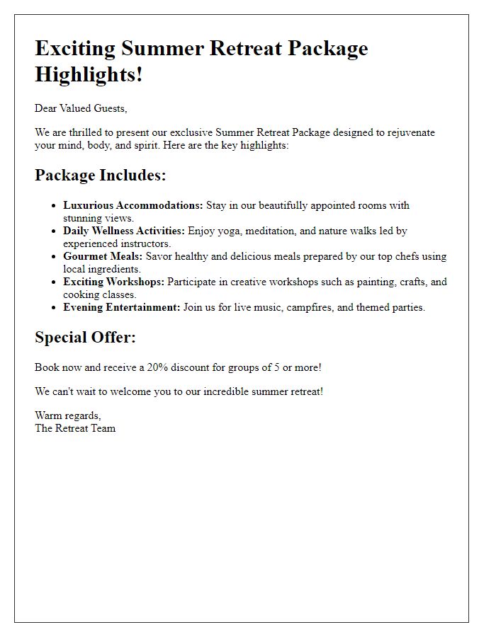 Letter template of summer retreat package highlights