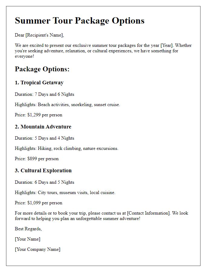 Letter template of summer tour package options