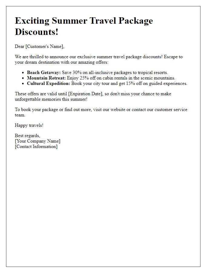 Letter template of summer travel package discounts