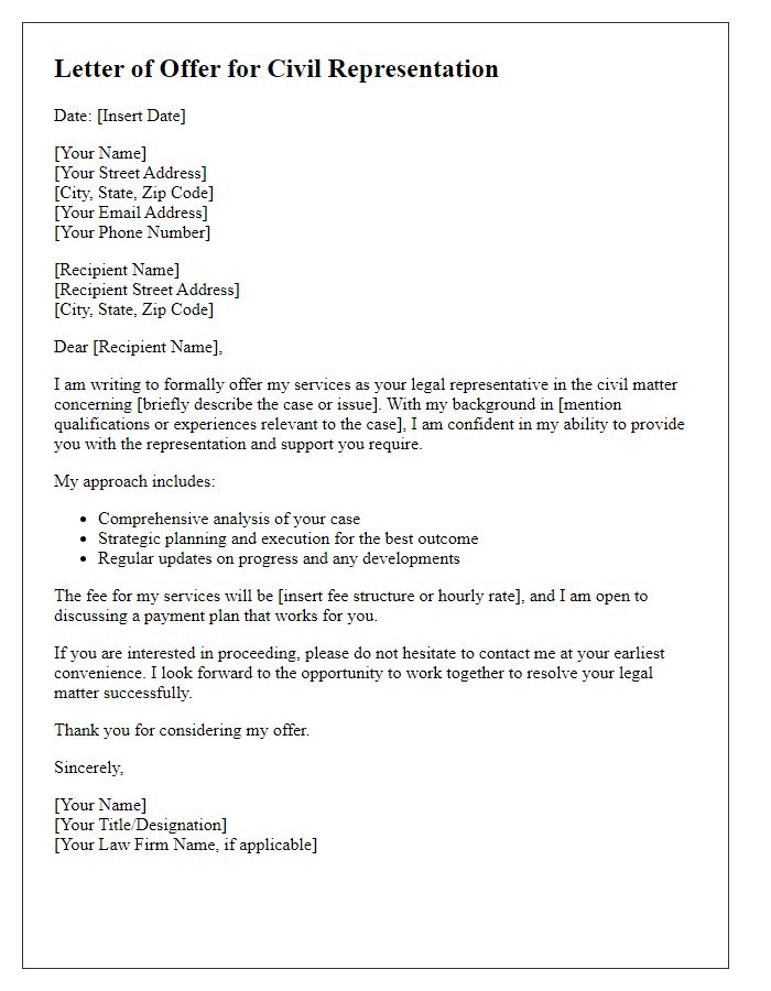 Letter template of civil representation offer