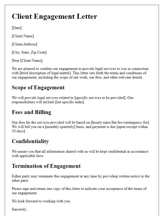 Letter template of client engagement for legal services