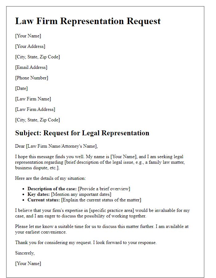 Letter template of law firm representation request