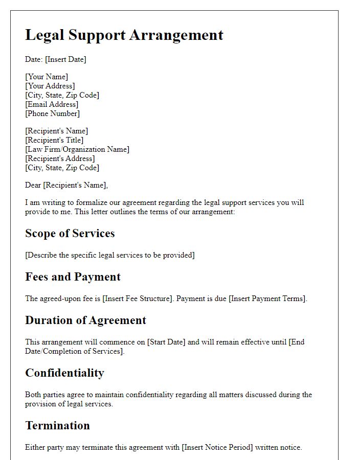 Letter template of legal support arrangement