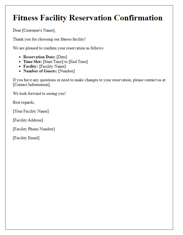 Letter template of Fitness Facility Reservation Confirmation