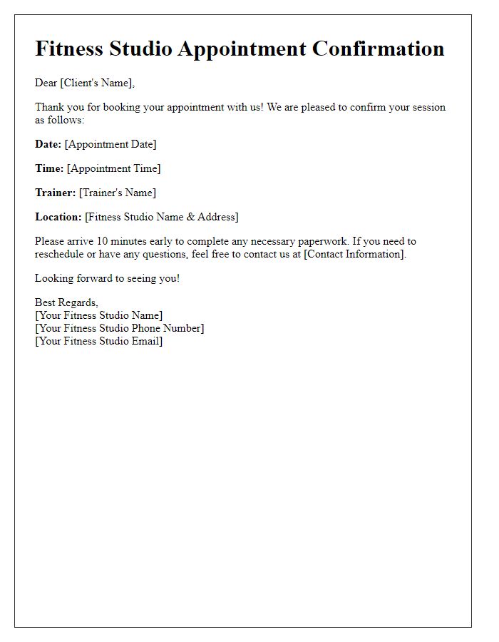 Letter template of Fitness Studio Appointment Confirmation