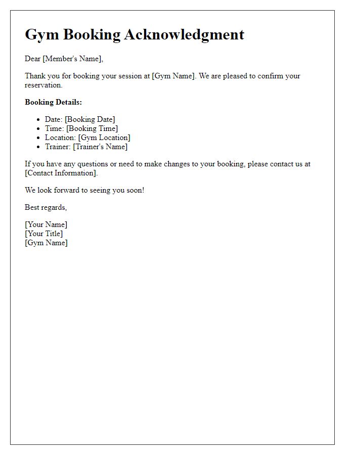 Letter template of Gym Booking Acknowledgment