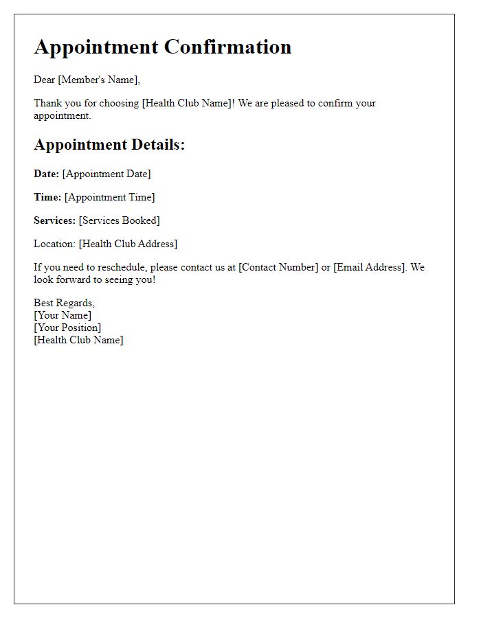 Letter template of Health Club Appointment Confirmation