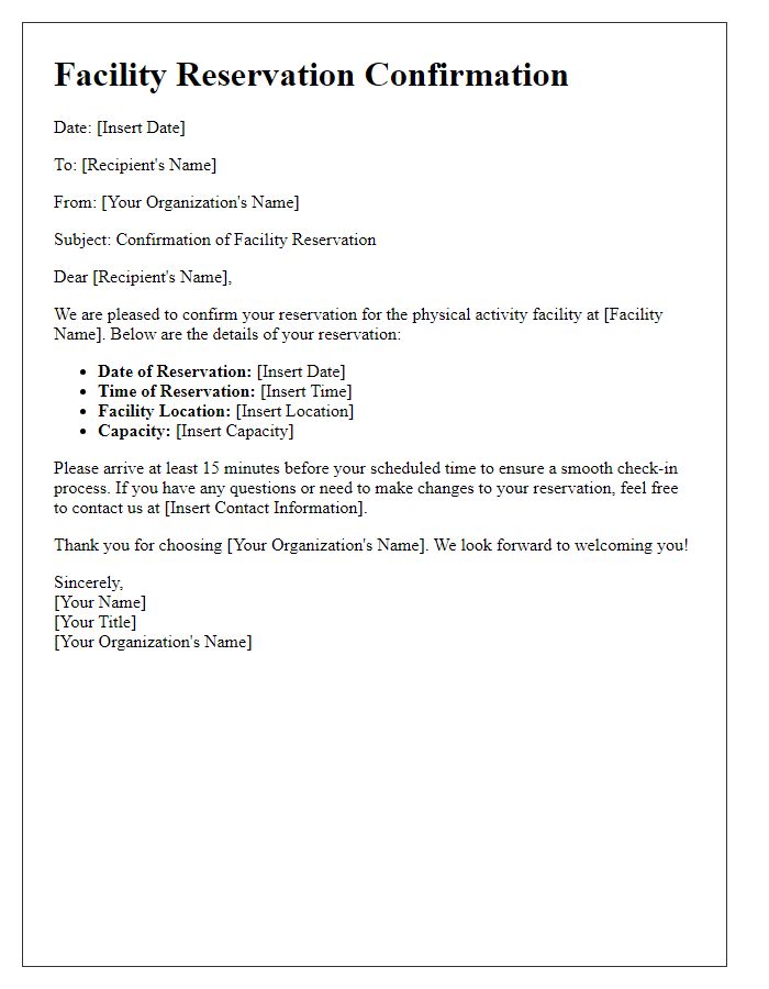 Letter template of Physical Activity Facility Reservation Certainty