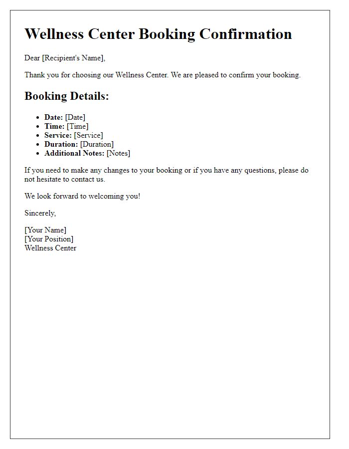 Letter template of Wellness Center Booking Confirmation