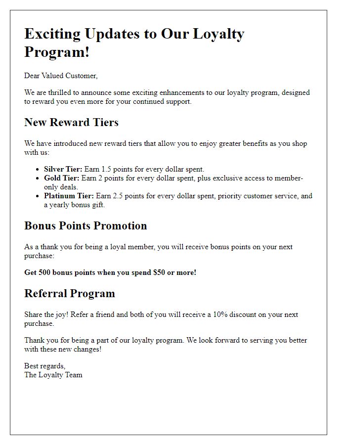 Letter template of improved rewards in our loyalty program