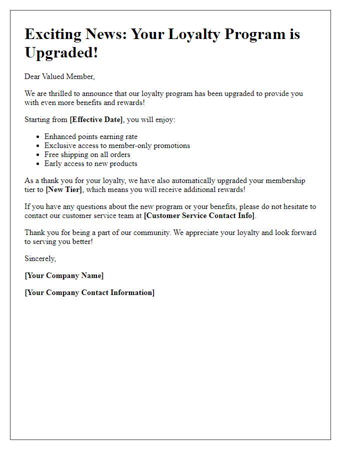 Letter template of loyalty program upgrade announcements