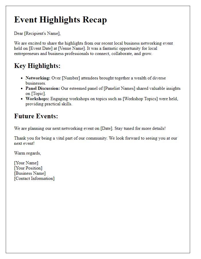 Letter template of event highlights recap for local business networking events