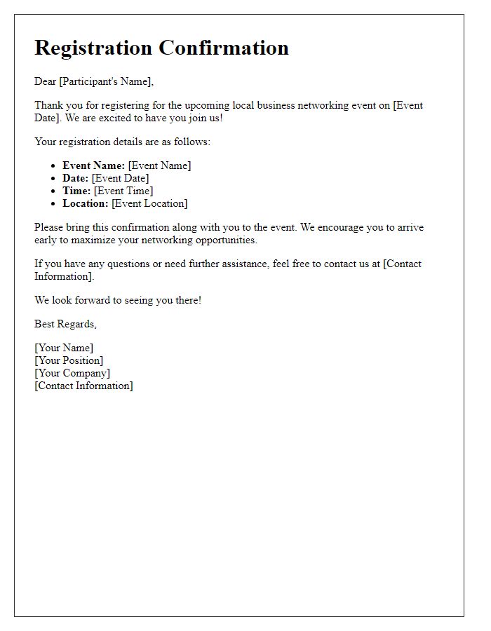 Letter template of registration confirmation for local business networking events