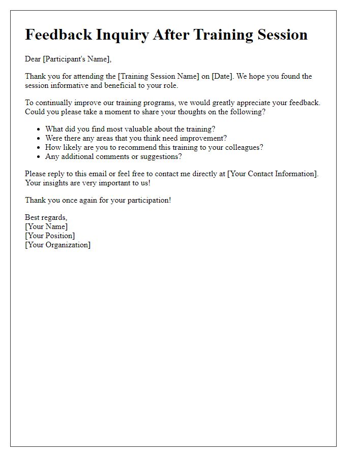 Letter template of feedback inquiry after training session