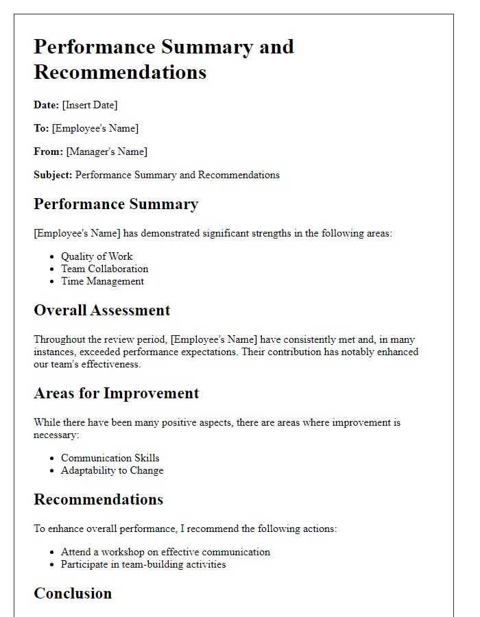 Letter template of employee performance summary and recommendations