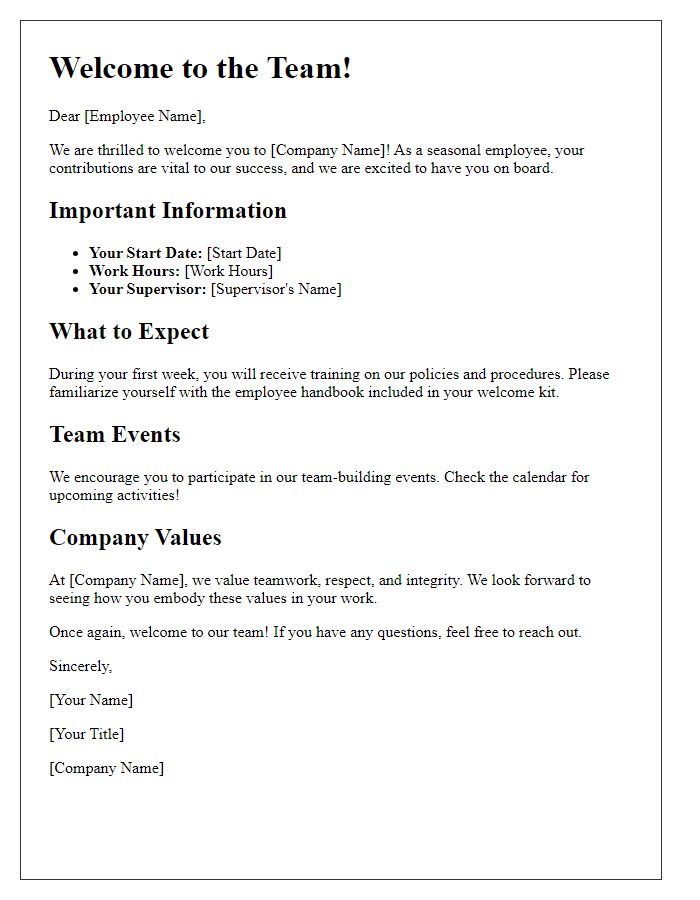 Letter template of employee welcome kit for seasonal jobs