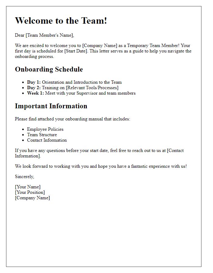 Letter template of onboarding manual for temporary team members