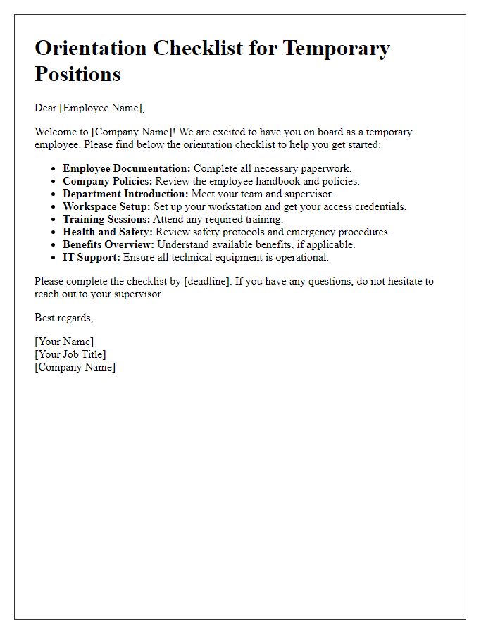 Letter template of orientation checklist for temporary positions