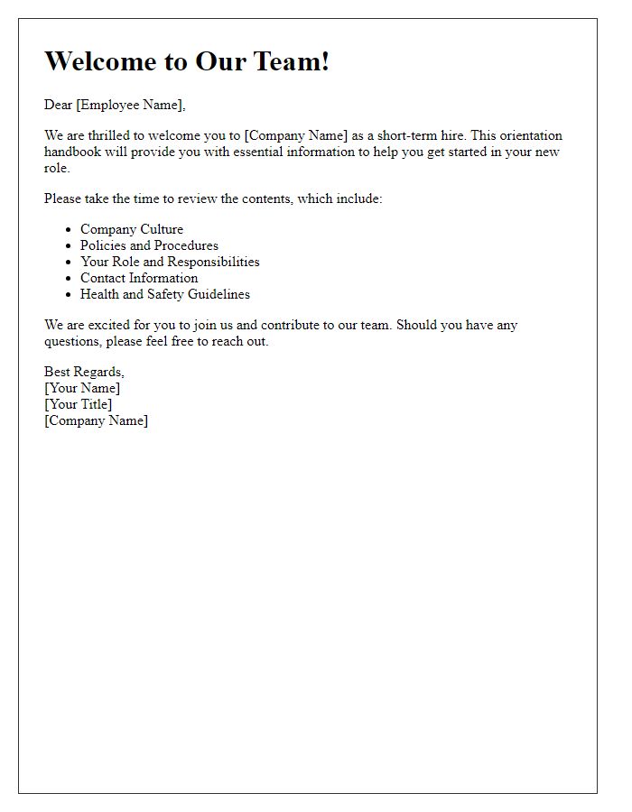 Letter template of orientation handbook for short-term hires