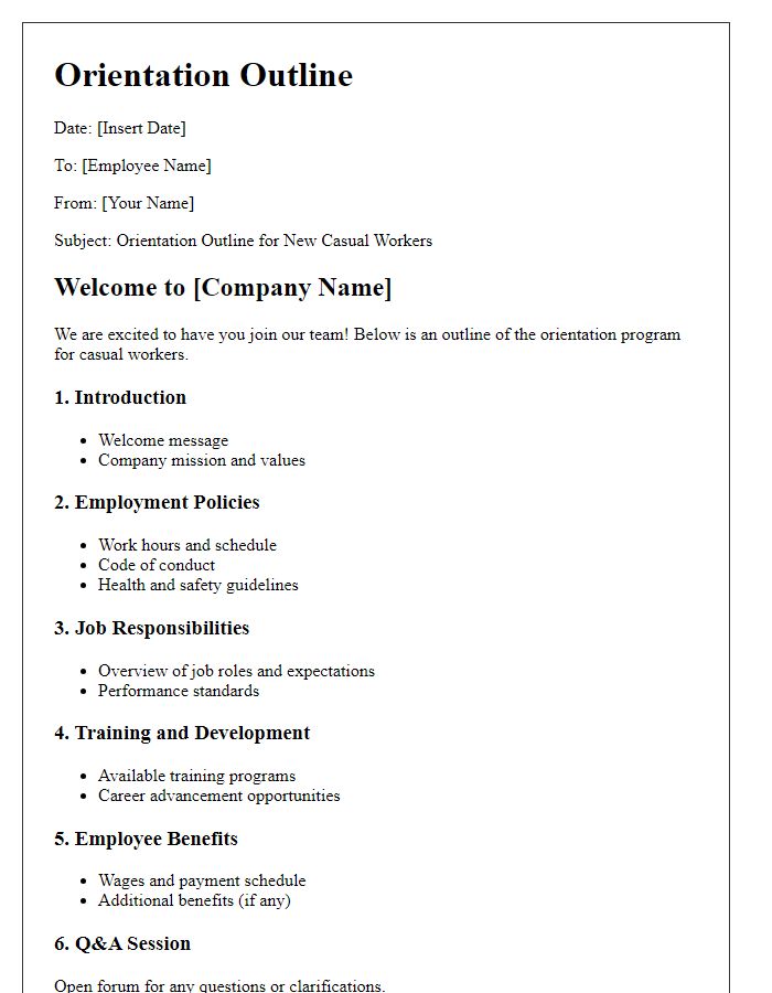 Letter template of orientation outline for casual workers